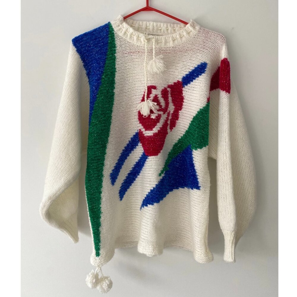 80s vintage colorful sparkly floral abstract print knit sweater with pom poms